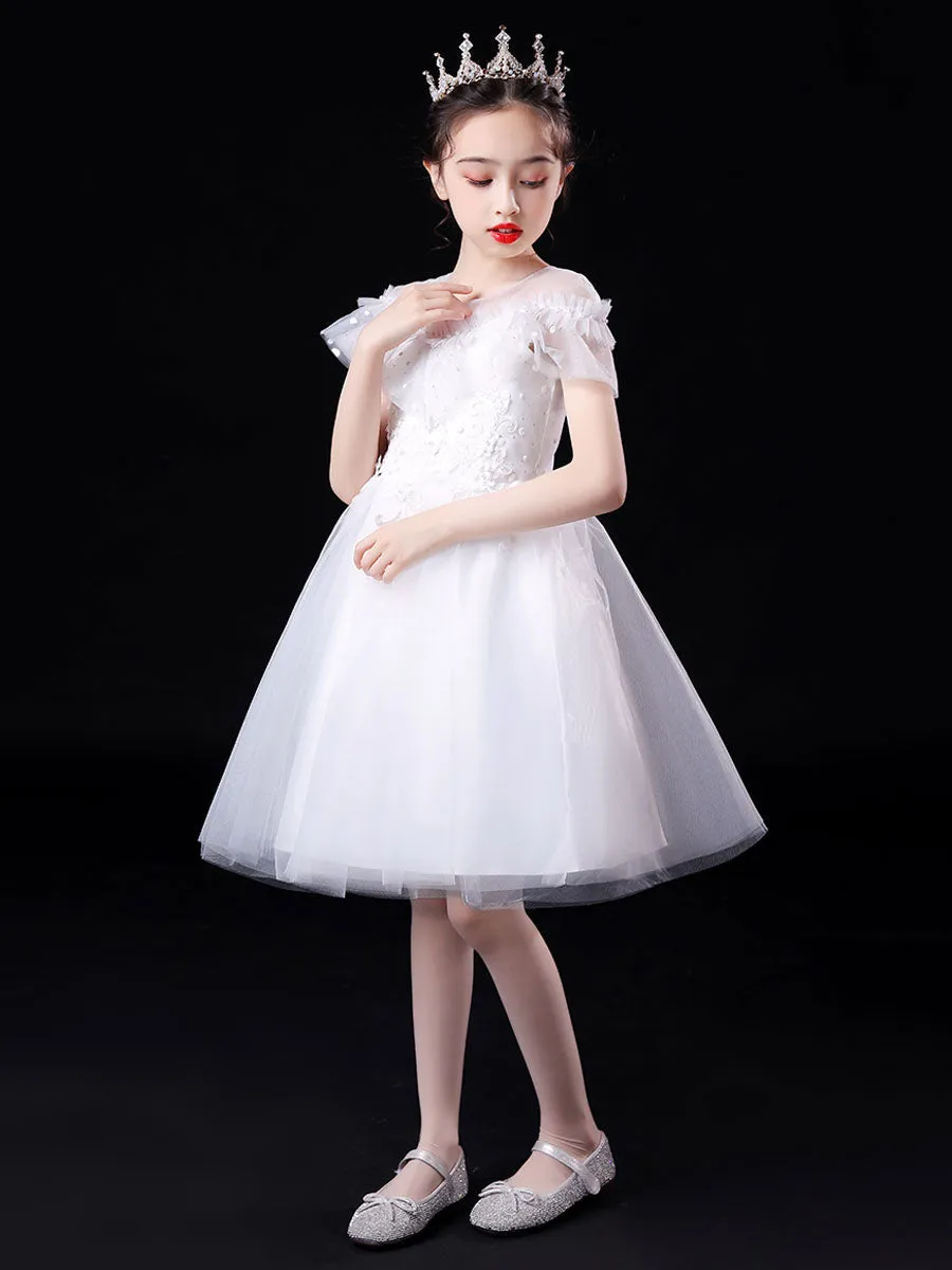 White Illusion Neckline Short Sleeves Tulle Princess Dress Flowers Beaded Embellishment Kids Party Dresses