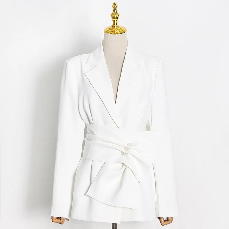 White Minimalist Blazer For Women Notched Sashes Elegant Blazers