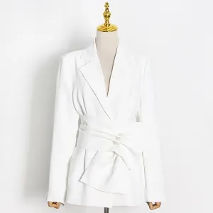 White Minimalist Blazer For Women Notched Sashes Elegant Blazers