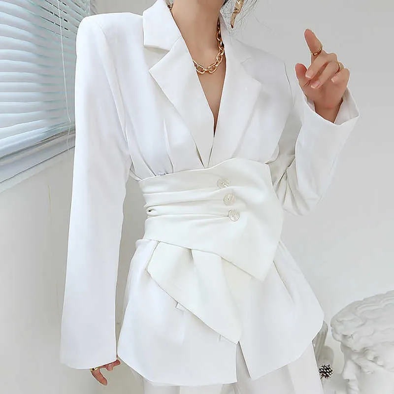White Minimalist Blazer For Women Notched Sashes Elegant Blazers
