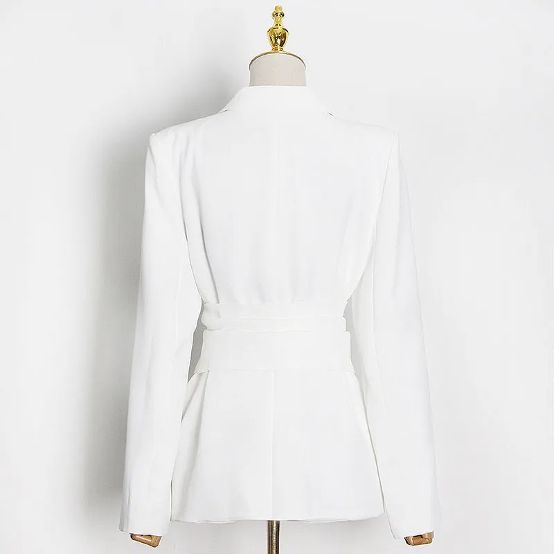 White Minimalist Blazer For Women Notched Sashes Elegant Blazers