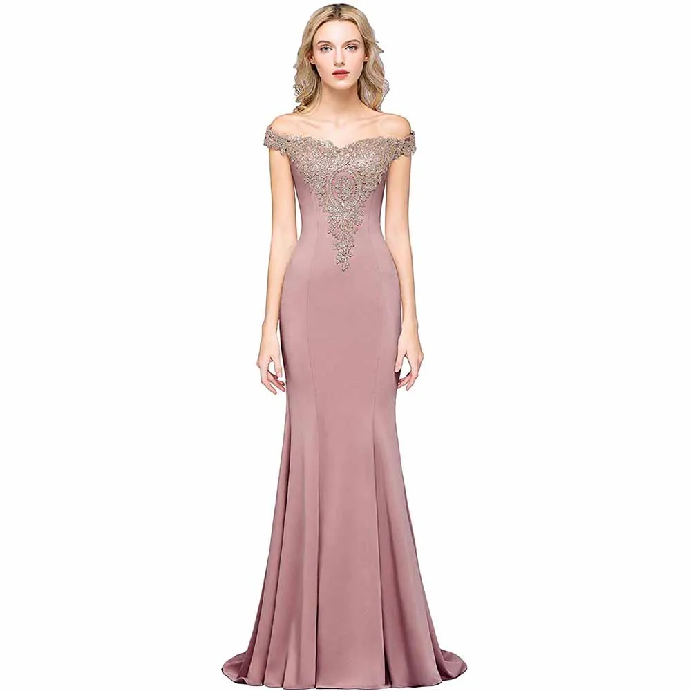 Women Long Gold Lace Applique Mermaid Prom Dress Off Shoulder Formal Gowns