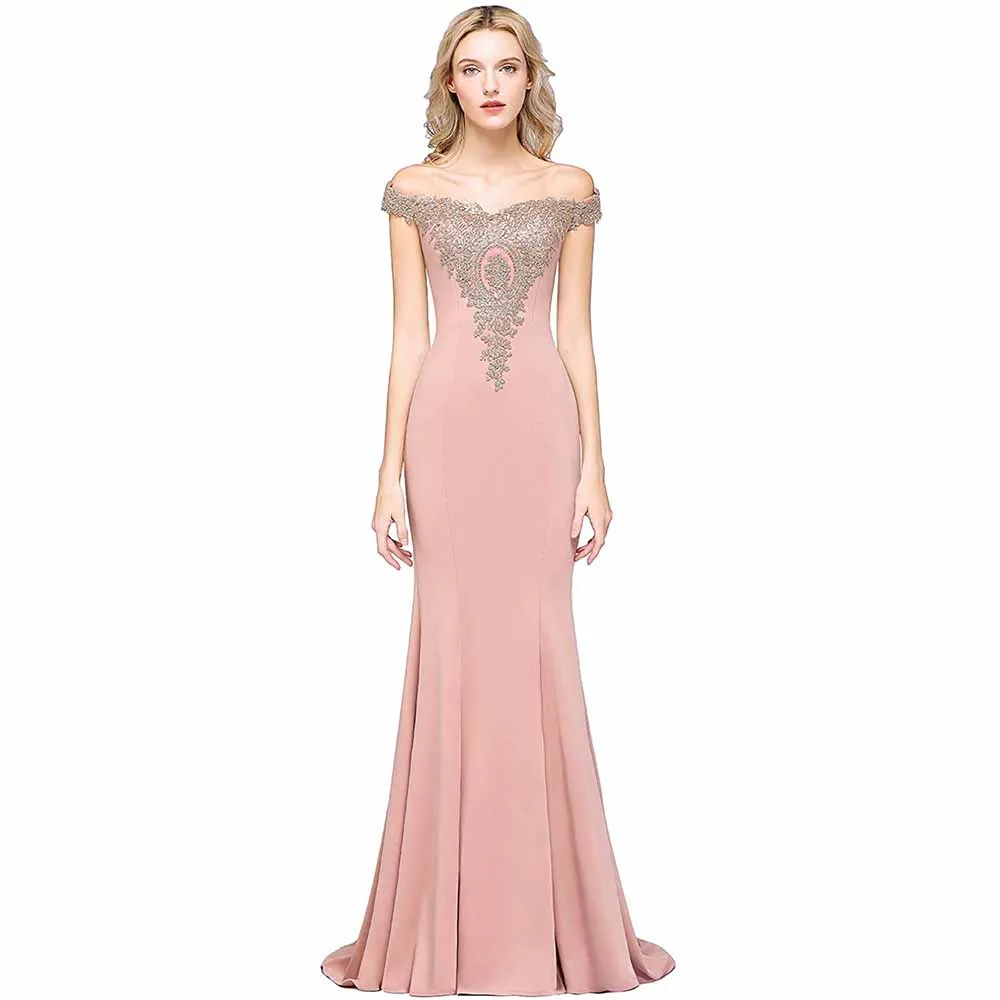 Women Long Gold Lace Applique Mermaid Prom Dress Off Shoulder Formal Gowns