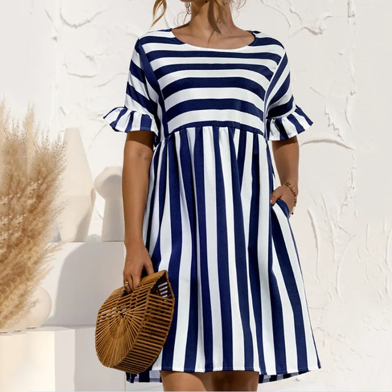 Women Summer Dress Cute Loose Striped Print Ruffles Sleeves Dresses Elegant A Line Patchwork Beach Party Female Dress Vestidos