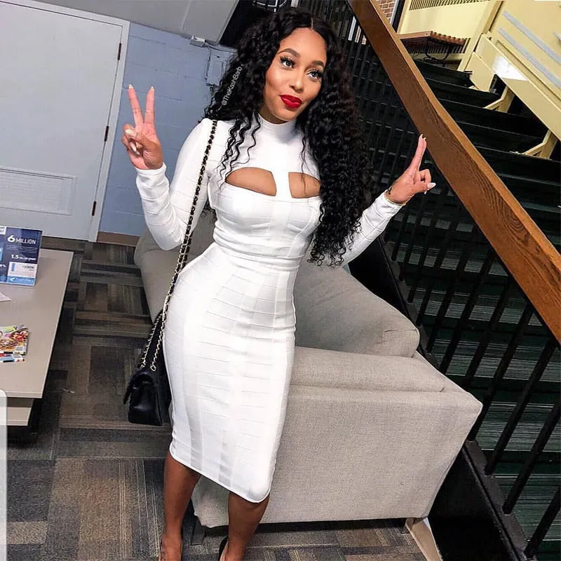 Women White Bandage Dress Bodycon New Arrivals Sexy Cut Out High Neck Long Sleeve Party Rayon Bandage Midi Dress