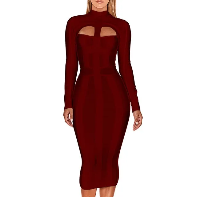Women White Bandage Dress Bodycon New Arrivals Sexy Cut Out High Neck Long Sleeve Party Rayon Bandage Midi Dress