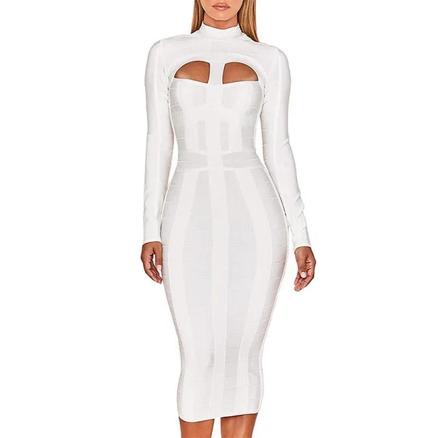 Women White Bandage Dress Bodycon New Arrivals Sexy Cut Out High Neck Long Sleeve Party Rayon Bandage Midi Dress