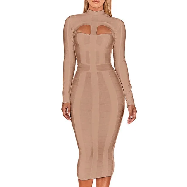 Women White Bandage Dress Bodycon New Arrivals Sexy Cut Out High Neck Long Sleeve Party Rayon Bandage Midi Dress
