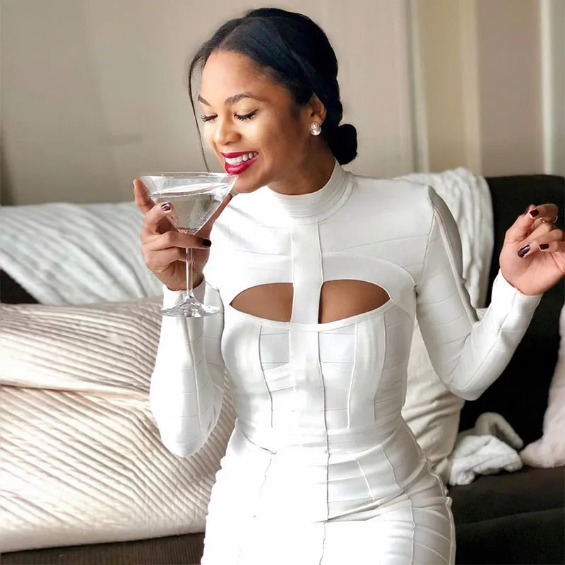 Women White Bandage Dress Bodycon New Arrivals Sexy Cut Out High Neck Long Sleeve Party Rayon Bandage Midi Dress