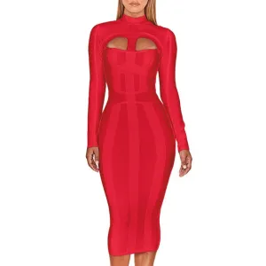 Women White Bandage Dress Bodycon New Arrivals Sexy Cut Out High Neck Long Sleeve Party Rayon Bandage Midi Dress