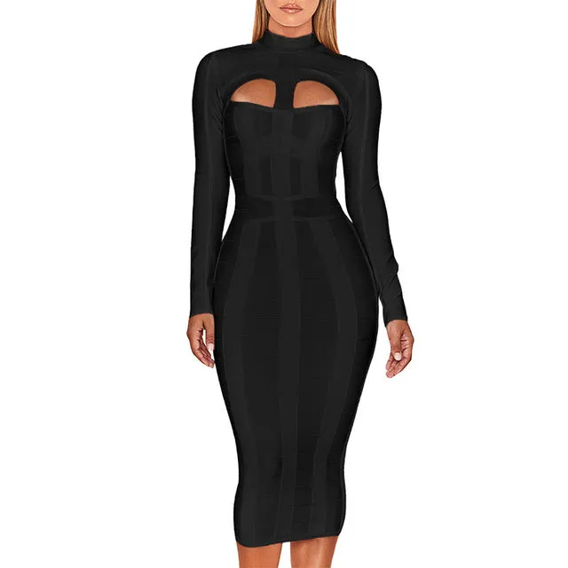 Women White Bandage Dress Bodycon New Arrivals Sexy Cut Out High Neck Long Sleeve Party Rayon Bandage Midi Dress