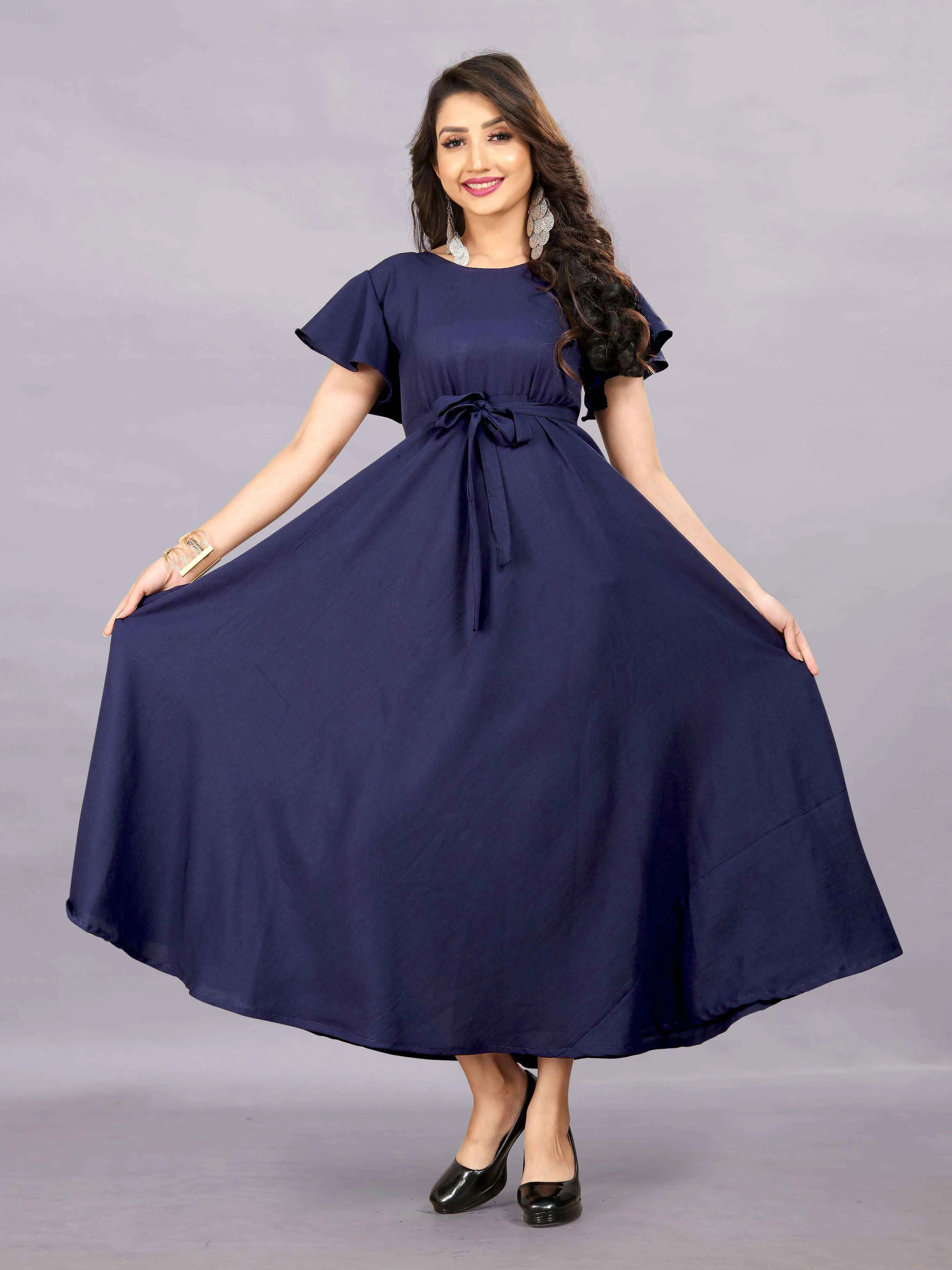 Women's A-Line Flared Maxi Gown with Pocket and Belt - Navy Blue