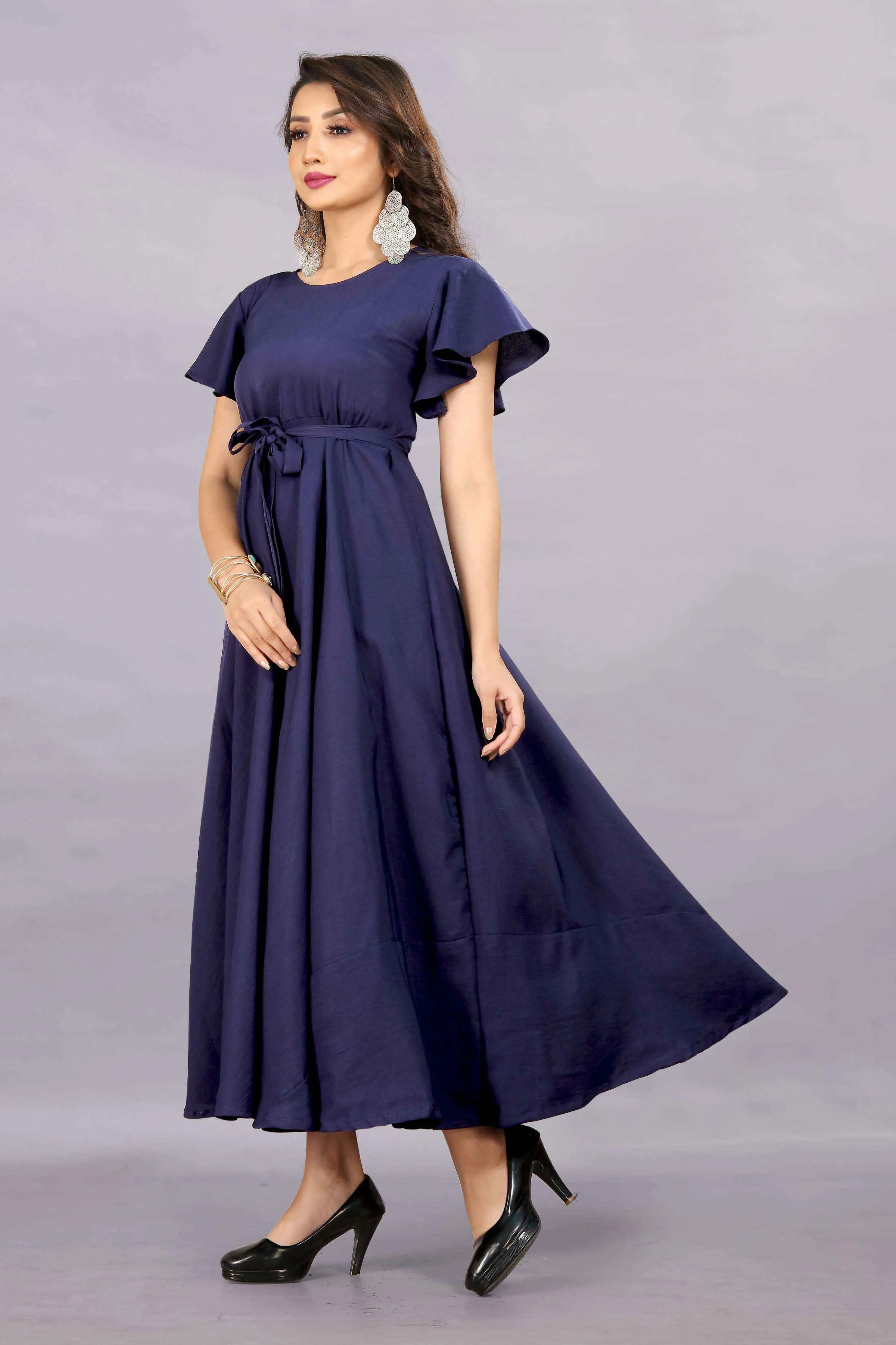 Women's A-Line Flared Maxi Gown with Pocket and Belt - Navy Blue