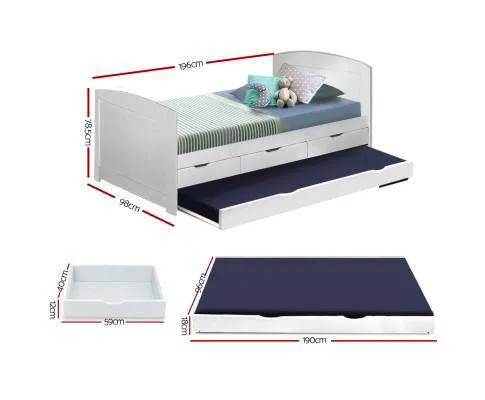 Wooden Trundle Bed Frame - White