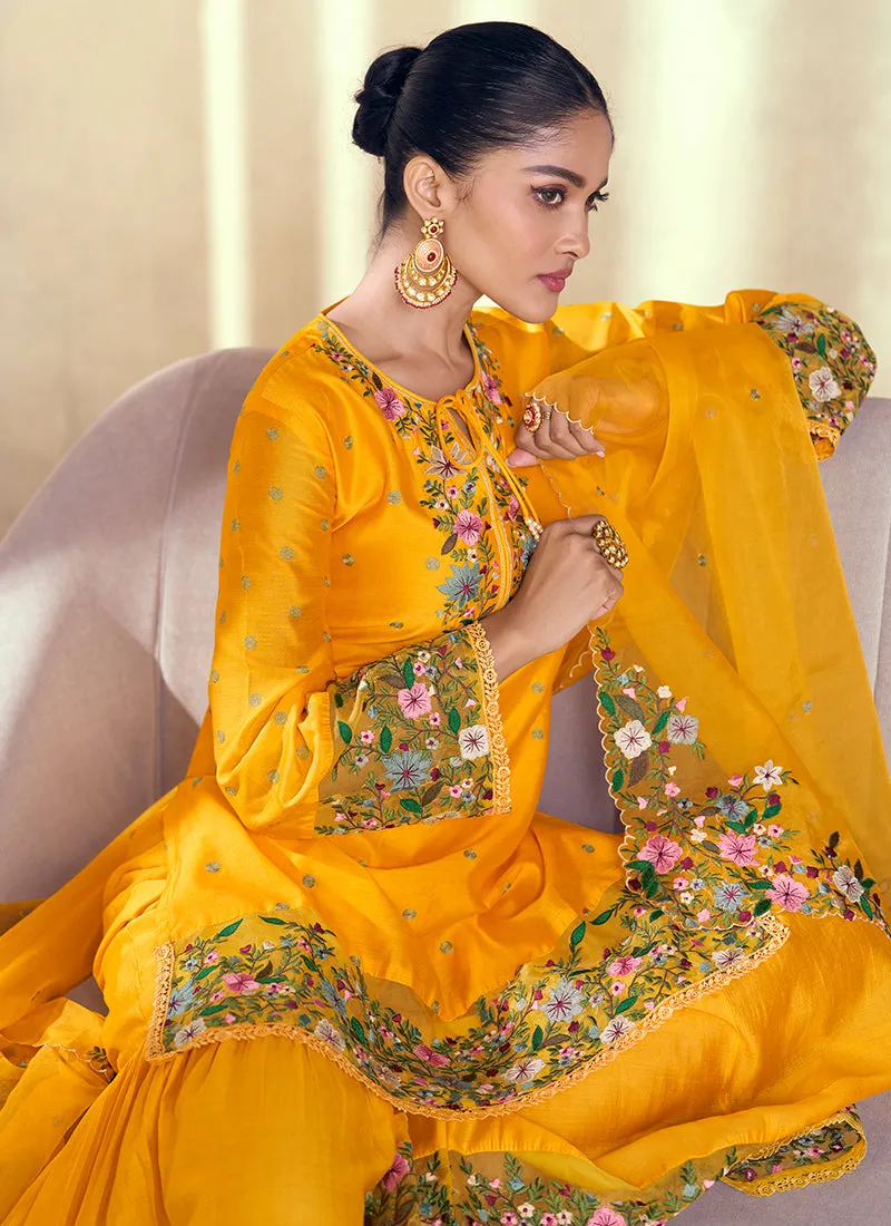Yellow Multi Floral Embroidery Gharara Style Suit