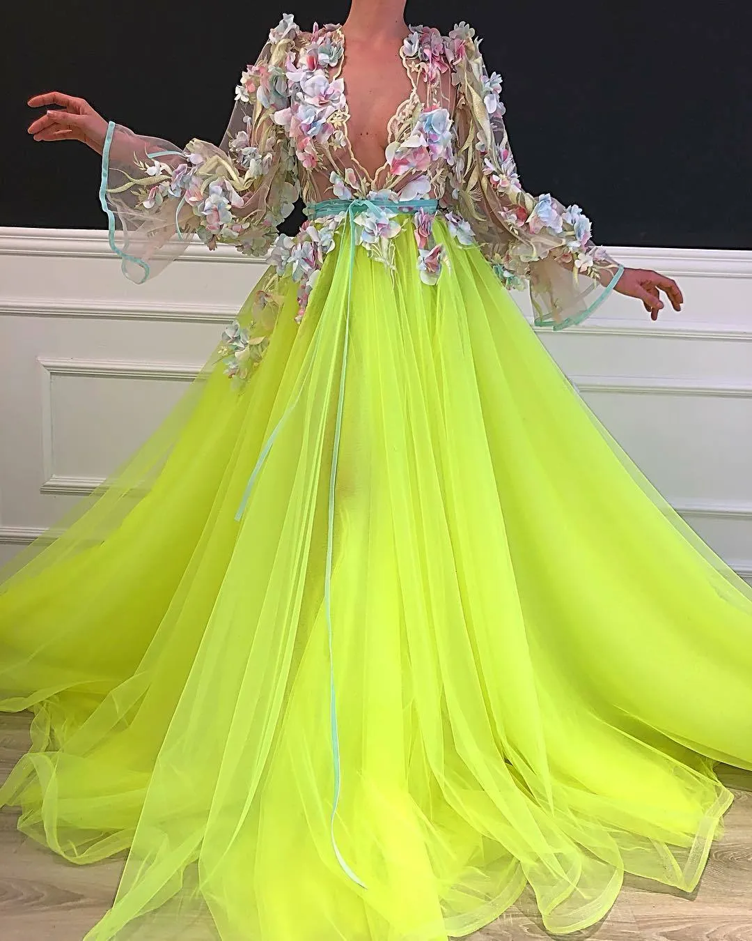 yellow prom dresses 2020 flare sleeve 3d flowers deep v neck elegant prom gown pageant dresses for women