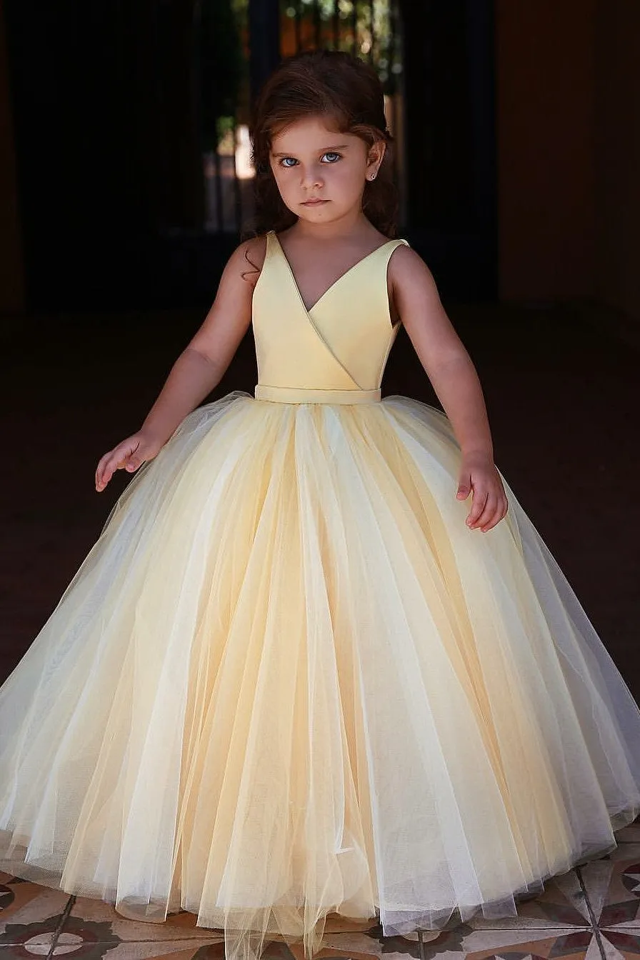 Yellow V-neckline Tulle Flower Girl Dress Kids Communion Dresses