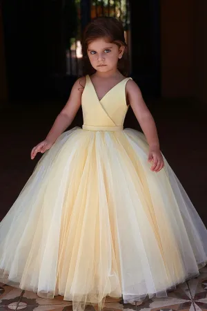 Yellow V-neckline Tulle Flower Girl Dress Kids Communion Dresses